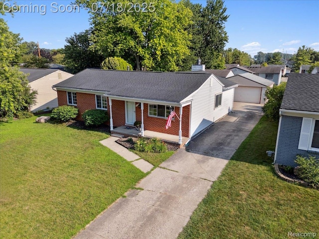 321 Harvard Ave, South Lyon, MI 48178 - ranch-style house featuring brick siding, a front yard, a shingled roof, a chimney, and driveway