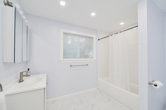 17016 6th St, Wellston, MI 49689 - bathroom featuring vanity, marble finish floors, shower / bath combination with curtain, and recessed lighting