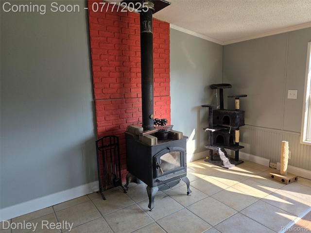 4605 Pleasant St, Clifford, MI 48727 - tiled living area with a wood stove, ornamental molding, and a textured ceiling