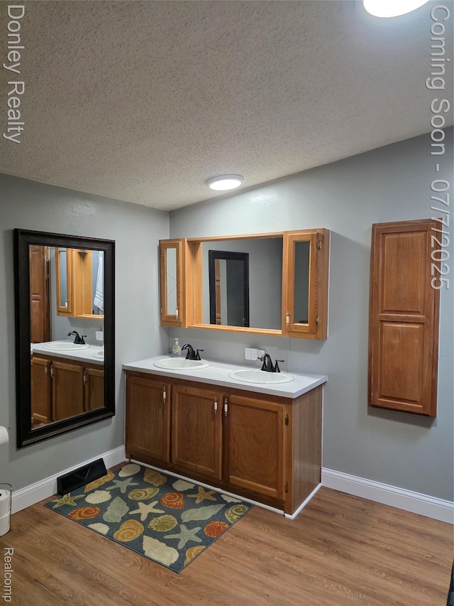 4605 Pleasant St, Clifford, MI 48727 - bathroom with wood finished floors, double vanity, and a textured ceiling