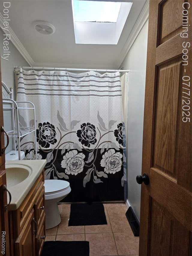 4605 Pleasant St, Clifford, MI 48727 - bathroom with crown molding, a skylight, vanity, tile patterned floors, and a shower with curtain
