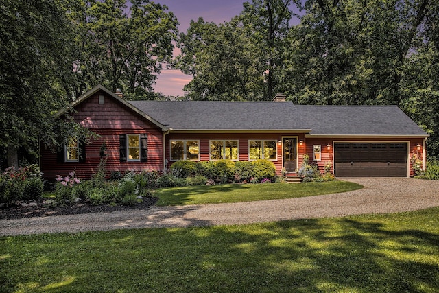 14814 Stone Jug Rd, Battle Creek, MI 49015 - ranch-style home with driveway, an attached garage, a front lawn, a chimney, and roof with shingles