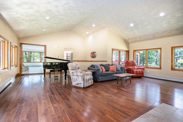 14814 Stone Jug Rd, Battle Creek, MI 49015 - living area featuring a baseboard heating unit, dark wood-type flooring, recessed lighting, and high vaulted ceiling