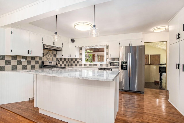 14814 Stone Jug Rd, Battle Creek, MI 49015 - kitchen with stainless steel appliances, under cabinet range hood, tasteful backsplash, and dark wood-style flooring