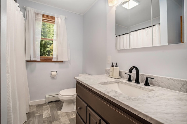 14814 Stone Jug Rd, Battle Creek, MI 49015 - bathroom featuring a baseboard heating unit, crown molding, vanity, and curtained shower