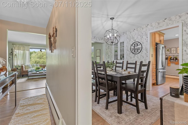 1300 N Livernois Rd, Rochester Hills, MI 48306 - dining area featuring a chandelier, wood finished floors, a baseboard radiator, and wallpapered walls