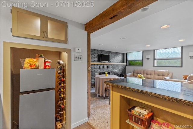 1300 N Livernois Rd, Rochester Hills, MI 48306 - kitchen with a brick fireplace, recessed lighting, beam ceiling, dark countertops, and open floor plan
