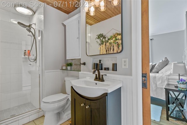 1300 N Livernois Rd, Rochester Hills, MI 48306 - bathroom with vanity, a shower stall, a wainscoted wall, wood ceiling, and a chandelier