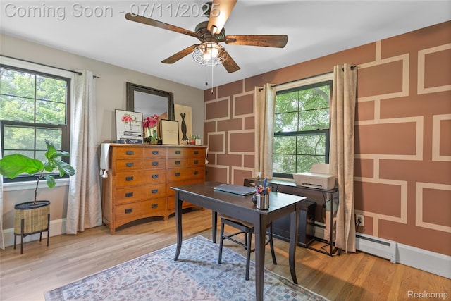 1300 N Livernois Rd, Rochester Hills, MI 48306 - home office featuring a ceiling fan, plenty of natural light, light wood-type flooring, and a baseboard radiator