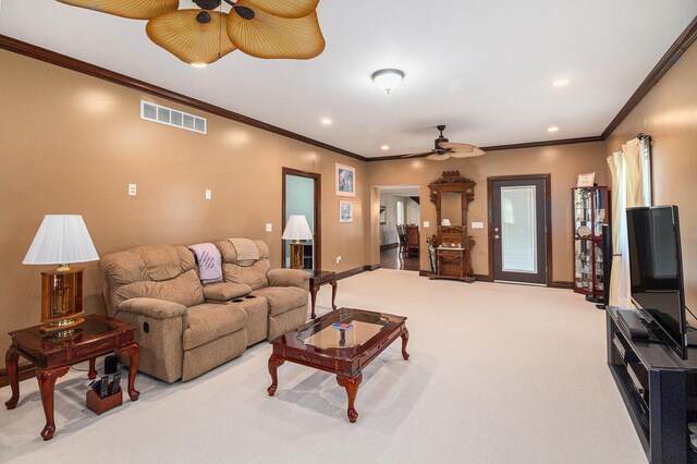9991 Kaiser Rd, Saline, MI 48176 - living room with ceiling fan, carpet flooring, recessed lighting, and ornamental molding