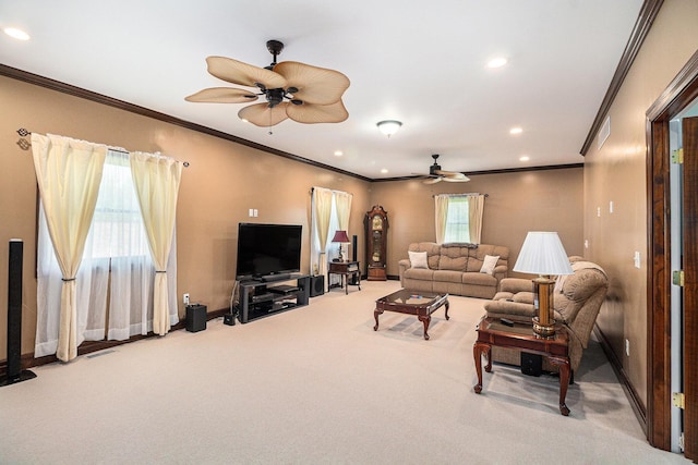 9991 Kaiser Rd, Saline, MI 48176 - carpeted living area featuring ceiling fan, ornamental molding, and recessed lighting