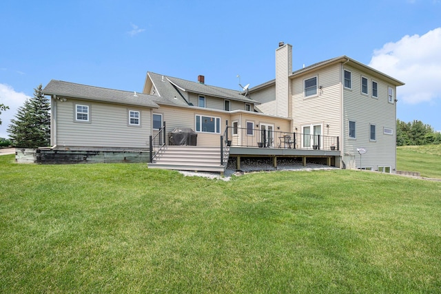 9991 Kaiser Rd, Saline, MI 48176 - rear view of property featuring a wooden deck, a yard, and a chimney