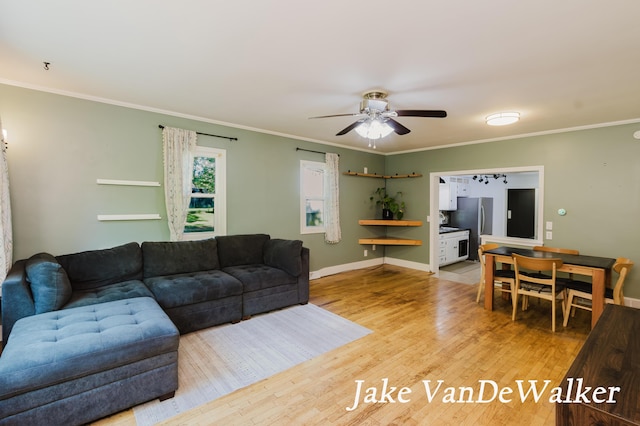 2338 Edgewood Dr, Kalamazoo, MI 49008 - living room featuring light wood-type flooring, ceiling fan, and ornamental molding