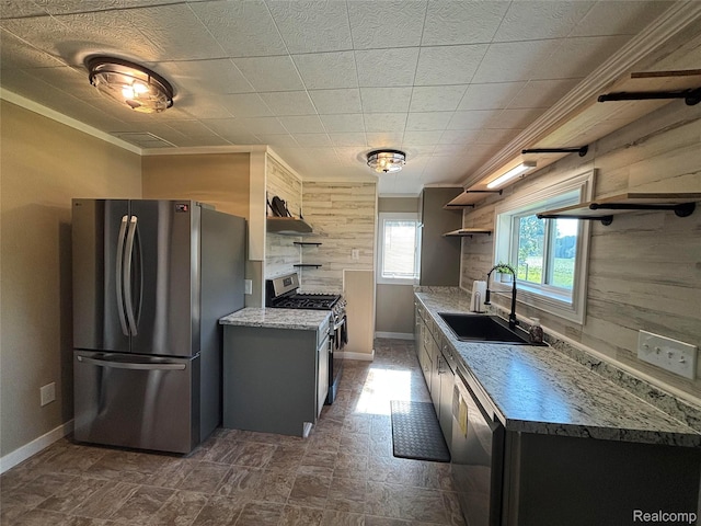 1295 S M 33, West Branch, MI 48661 - kitchen with stainless steel appliances, open shelves, and ornamental molding