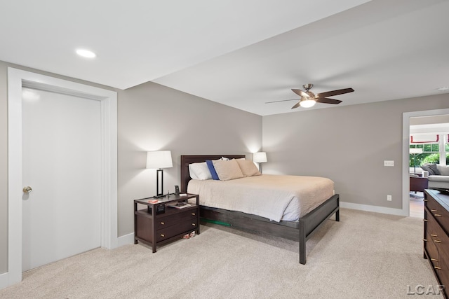 144 N Scott St, Adrian, MI 49221 - bedroom with light colored carpet, ceiling fan, and recessed lighting