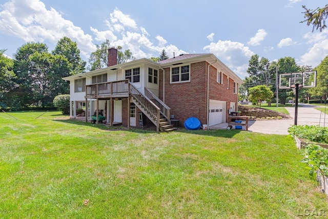 144 N Scott St, Adrian, MI 49221 - rear view of house with an attached garage, brick siding, stairway, a chimney, and concrete driveway