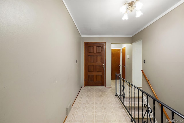 26250 Virginia Dr, Warren, MI 48091 - hall featuring an upstairs landing, a chandelier, crown molding, and light flooring