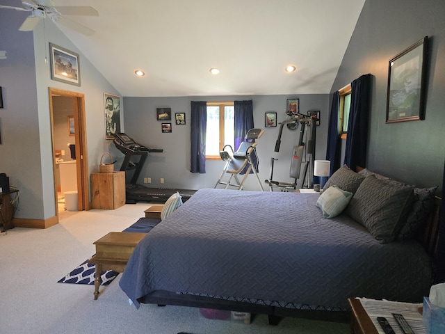 971 Weaver Rd, Bronson, MI 49028 - bedroom with vaulted ceiling, recessed lighting, carpet floors, ceiling fan, and connected bathroom