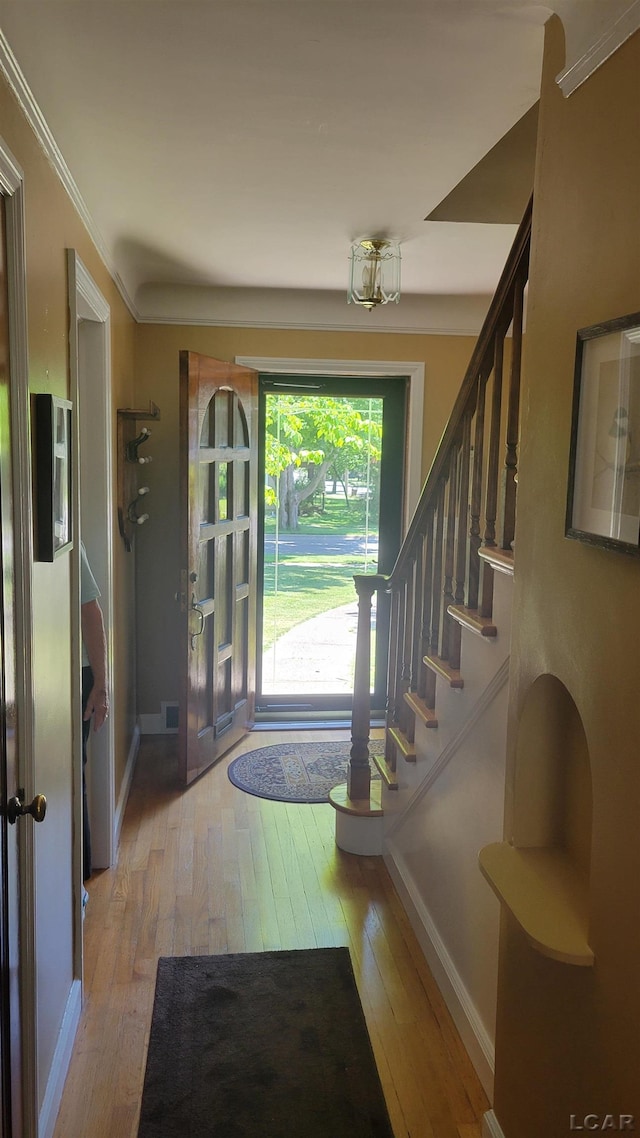 401 Budlong St, Adrian, MI 49221 - foyer featuring hardwood / wood-style floors, stairway, and crown molding