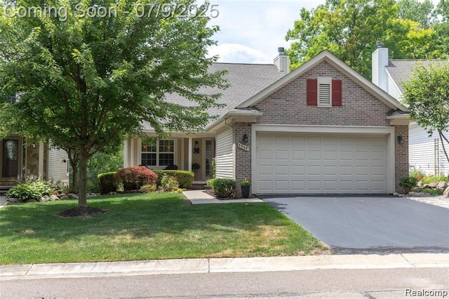 5348 Forest Ridge Dr, Clarkston, MI 48346 - view of front facade with brick siding, an attached garage, driveway, a front lawn, and a chimney