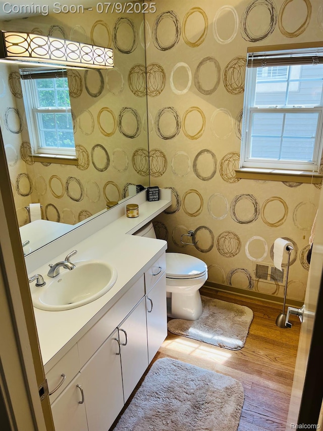 5348 Forest Ridge Dr, Clarkston, MI 48346 - bathroom with wallpapered walls, vanity, and wood finished floors