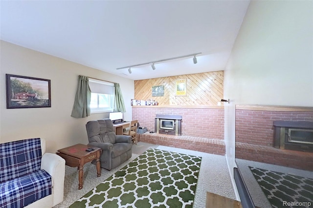 9100 Mayfred Dr, Pinckney, MI 48169 - carpeted living room with rail lighting, a fireplace, and a wood stove