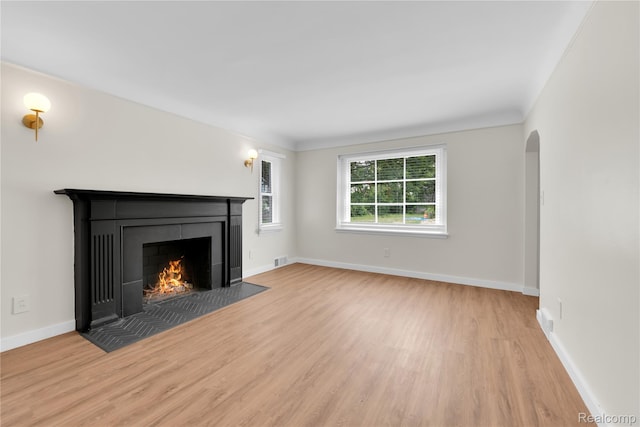 3992 Devonshire Rd, Detroit, MI 48224 - unfurnished living room with wood finished floors, a fireplace with flush hearth, and arched walkways