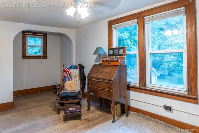 16380 Sumpter Rd, Van Buren, MI 48111 - living area with arched walkways, wood finished floors, and a ceiling fan