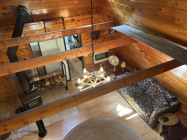 3423 S James Rd, Baldwin, MI 49304 - living room with a wood stove, wood walls, and wood finished floors