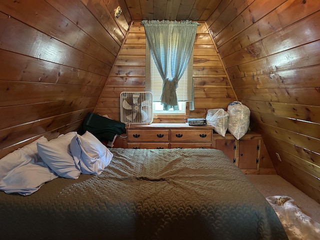 3423 S James Rd, Baldwin, MI 49304 - carpeted bedroom with wood walls, wood ceiling, and vaulted ceiling