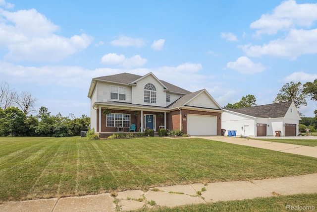 5304 Boomerang Cir, Newport, MI 48166 - view of front facade featuring brick siding, concrete driveway, a front yard, a garage, and a porch