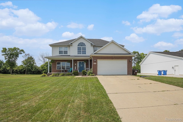5304 Boomerang Cir, Newport, MI 48166 - view of front of property featuring brick siding, concrete driveway, a front yard, covered porch, and an attached garage