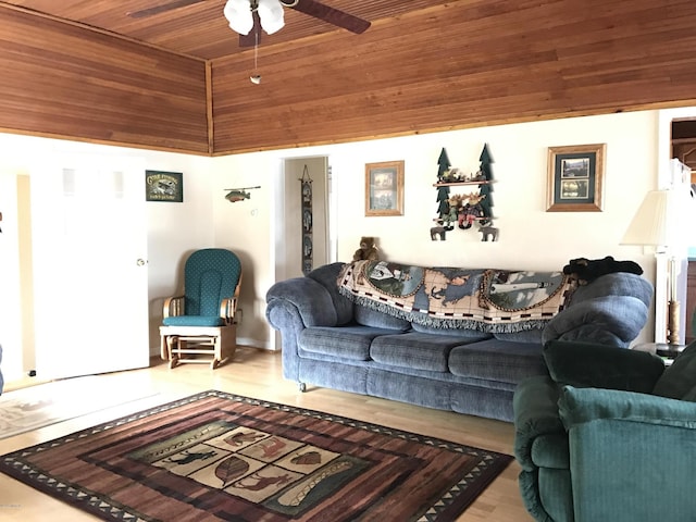 777 W Lincoln Ave, White Cloud, MI 49349 - living room featuring ceiling fan, wooden ceiling, and wood finished floors