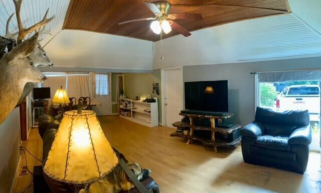 777 W Lincoln Ave, White Cloud, MI 49349 - living room with a ceiling fan, wood finished floors, plenty of natural light, wooden ceiling, and lofted ceiling