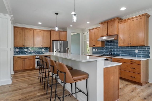 8375 Grapevine Circle, Cir, MI 49071 - kitchen featuring appliances with stainless steel finishes, under cabinet range hood, light wood finished floors, light countertops, and backsplash