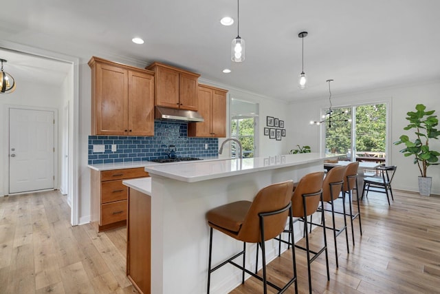 8375 Grapevine Circle, Cir, MI 49071 - kitchen featuring under cabinet range hood, a chandelier, healthy amount of natural light, brown cabinets, and recessed lighting