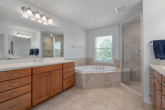 8375 Grapevine Circle, Cir, MI 49071 - bathroom featuring vanity, a stall shower, tile patterned floors, and a bath