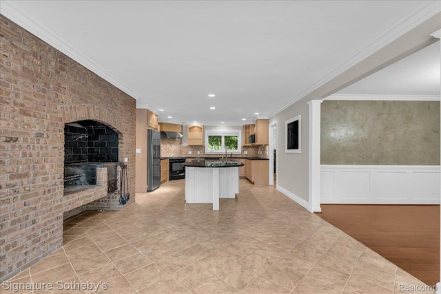 1656 Keller Ln, Bloomfield Hills, MI 48302 - kitchen featuring freestanding refrigerator, dark countertops, a center island, black range, and ornamental molding