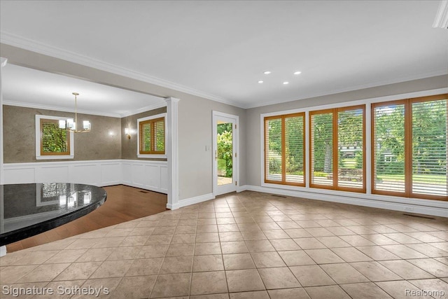 1656 Keller Ln, Bloomfield Hills, MI 48302 - spare room with a chandelier, wainscoting, crown molding, tile patterned floors, and recessed lighting