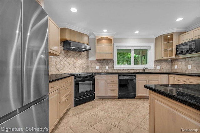 1656 Keller Ln, Bloomfield Hills, MI 48302 - kitchen with black appliances, extractor fan, glass insert cabinets, backsplash, and ornamental molding