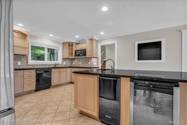 1656 Keller Ln, Bloomfield Hills, MI 48302 - kitchen with black appliances, light brown cabinets, backsplash, ornamental molding, and light tile patterned floors