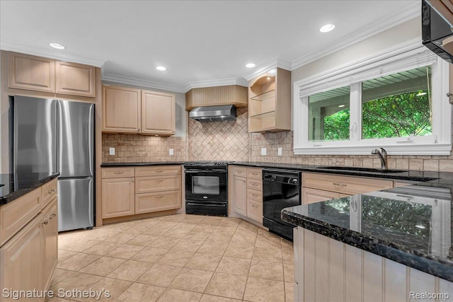 1656 Keller Ln, Bloomfield Hills, MI 48302 - kitchen featuring black appliances, light brown cabinets, tasteful backsplash, ornamental molding, and recessed lighting