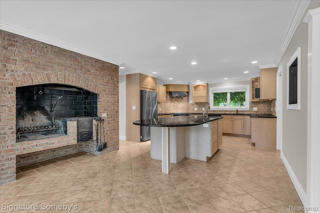 1656 Keller Ln, Bloomfield Hills, MI 48302 - kitchen with freestanding refrigerator, ornamental molding, decorative backsplash, extractor fan, and dark countertops