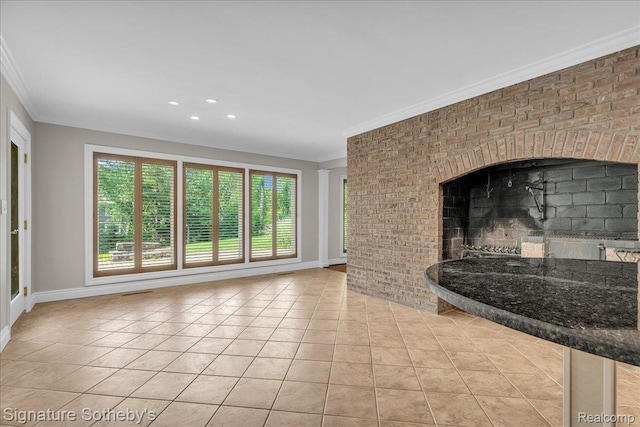 1656 Keller Ln, Bloomfield Hills, MI 48302 - unfurnished living room with crown molding, tile patterned flooring, recessed lighting, and a fireplace