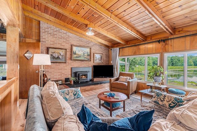 52 S Emerson Lake Dr, Branch, MI 49402 - living room featuring wood ceiling, a wood stove, wood finished floors, and wood walls