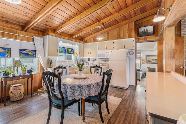 52 S Emerson Lake Dr, Branch, MI 49402 - dining area with wood ceiling, dark wood-type flooring, and wood walls