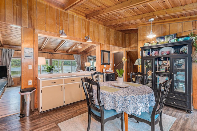 52 S Emerson Lake Dr, Branch, MI 49402 - dining area featuring wooden walls, a wood ceiling with exposed beams, and wood finished floors