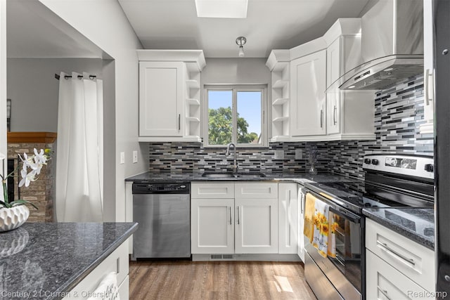 1786 Daisy Ln, Westland, MI 48186 - kitchen with appliances with stainless steel finishes, open shelves, wall chimney range hood, and white cabinets