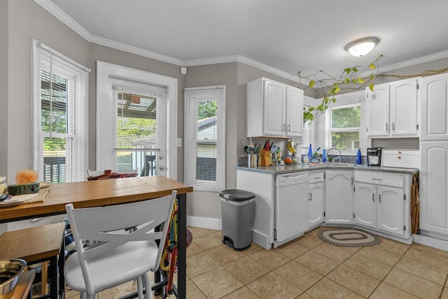 22358 Firwood Ave, Eastpointe, MI 48021 - kitchen with white dishwasher, white cabinetry, light tile patterned floors, and crown molding