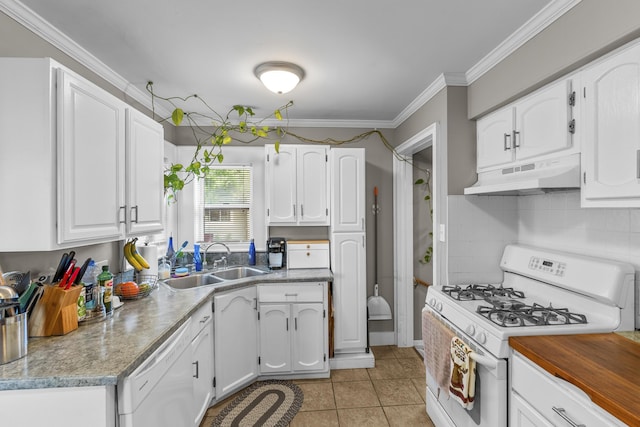 22358 Firwood Ave, Eastpointe, MI 48021 - kitchen featuring white appliances, under cabinet range hood, white cabinetry, light tile patterned flooring, and ornamental molding